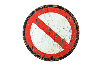 Rustic traffic prohibition sign on transparent background. weathered and showing signs of age. Symbol for no entry, restriction, and forbidden areas.