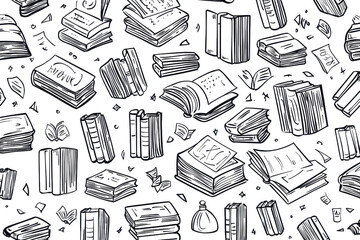 Seamless pattern with black and white hand-drawn books, perfect for educational and literary themed designs.