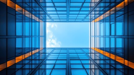 View of a modern building's glass facade and open sky above.