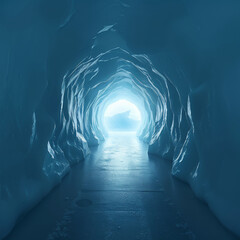 Ice cave tunnel illuminated with soft blue light