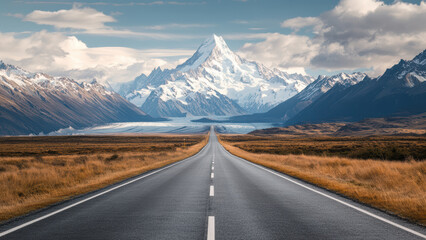 Fototapeta premium View of the majestic Aoraki Mount Cook with the road leading to Mount Cook Village.