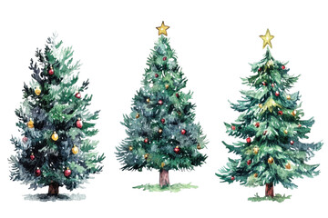 Fototapeta premium Three decorated Christmas trees with ornaments and stars, perfect for holiday themes and festive celebrations.