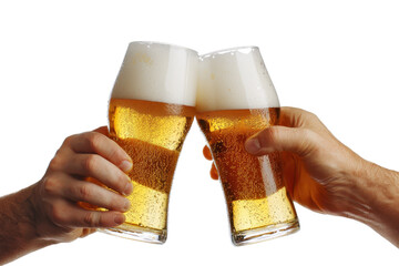 Two hands holding beer glasses, clinking together in a celebratory toast with frothy golden beer on a transparent background.