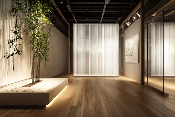 Fototapeta premium Modern Minimalist Interior with Hanging Curtains and Natural Elements