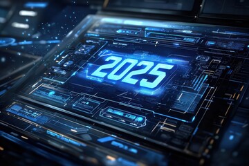 Futuristic digital display showing year 2025, technology and innovation concept