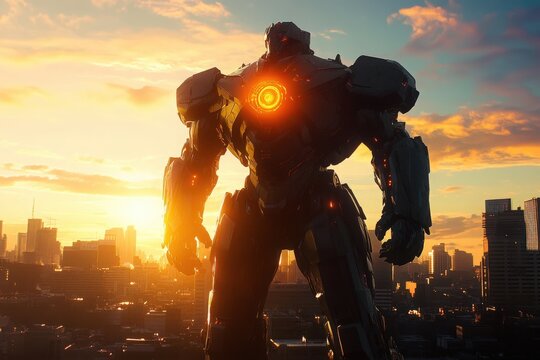 A futuristic battle mech standing tall in a city&rsquo;s ruined landscape. The mech, with sleek, armored plating and glowing energy cores, is preparing for an imminent clash, while an anime-style sunset 