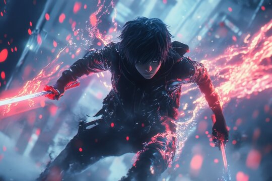 Action-packed anime sequence with a male protagonist wielding daggers, demonstrating expert technique and dynamic movement