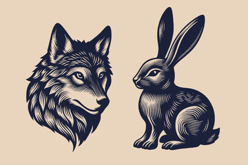 Hare and wolf.  Black white vintage engraving vector illustration. Emblem, logo, print, tattoo	