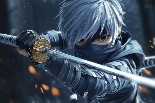Charming anime ninja character in a fun, energetic stance wielding a sword, displaying a playful and spirited attitude