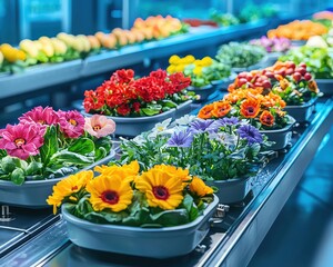 Fototapeta premium Colorful fresh Flower Vegetables moving rapidly on a conveyor belt in a modern processing facility