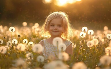 A Child's Bliss in a Field of Dandelions at Sunset