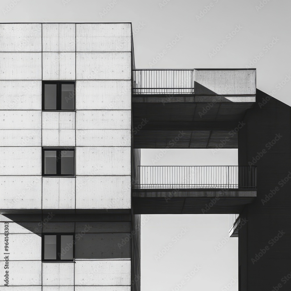 Sticker Concrete building with a balcony connecting to another building.