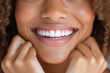 Obraz premium The woman expresses joy as she smiles, highlighting her beautiful white teeth. Her hands rest on her cheeks, and her relaxed demeanor encourages warmth and approachability.