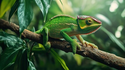 Fototapeta premium A green lizard is sitting on a branch