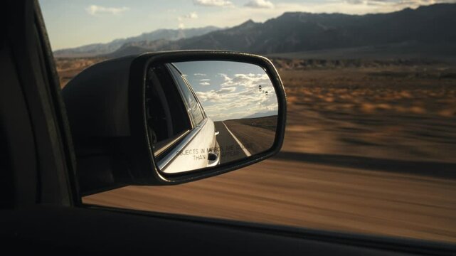 Close up of the reflection of a car mirror while driving through the Death Valley national park USA