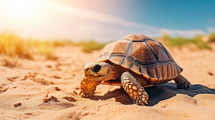 A turtle is walking on the sand. The sun is shining brightly, making the turtle look like it's glowing