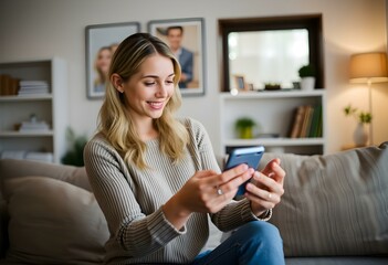 Woman looking at smartphone in living room