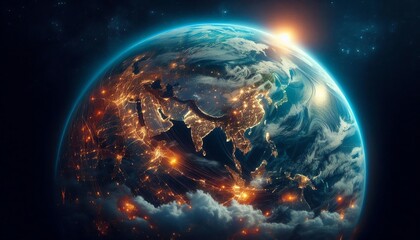 Panoramic View of Planet Earth from Space with Glowing City Lights