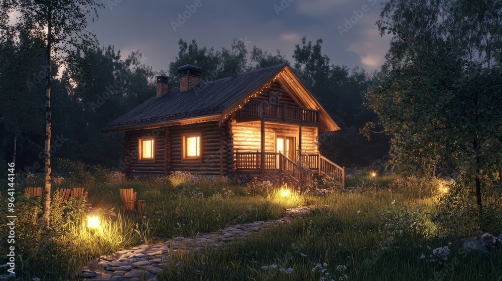 Wall mural Cozy cabin in the woods with a stone path leading to the front door at dusk.