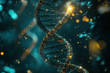 A balanced backdrop showcasing entwined DNA double helixes, incorporating glowing structures in cosmic teal, biotech green, and genetic gold, symbolizing innovative healthcare integration