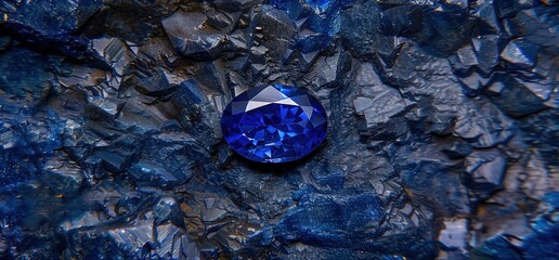 A single blue sapphire gemstone rests on a bed of rough, dark blue crystals. The gem is polished and shines brightly, contrasting with the matte finish of the surrounding stones.