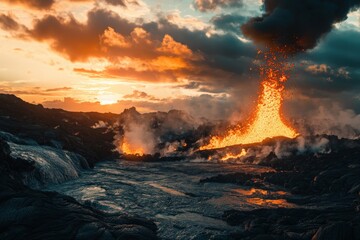 Active lava flow and explosion from the volcano on the Big Island of Hawaii during sunrise