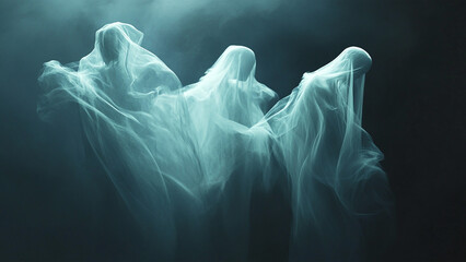 Ethereal Ghostly Figures in Misty Fabric Creating a Spooky Halloween Atmosphere, Perfect for Background and Wallpaper Use, Ideal for Seasonal Decoration and Themed Content