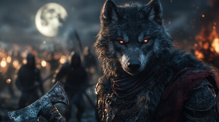 wolf beastfolk warrior leading a battle under the moonlit sky with glowing eyes and a battle axe
