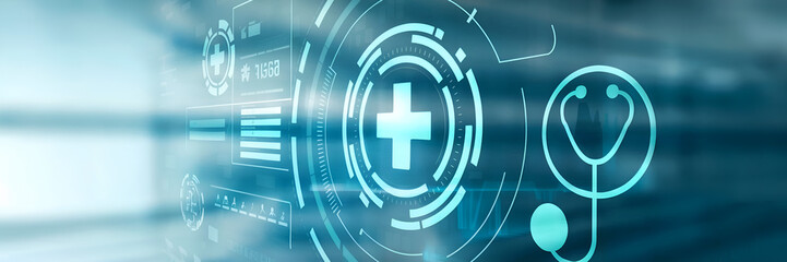 Obraz premium A futuristic, healthcare-themed interface with medical icons, such as a cross and a stethoscope, overlaid on a blurred, light-blue background