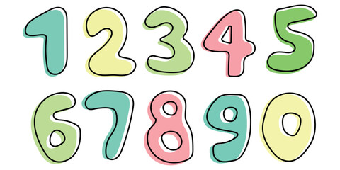 Kids colored cartoon number icon vector set, vector set of 1-9 digit baby icon isolated on white background.