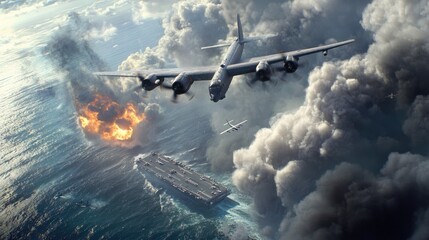 Obraz premium Military aircraft flying over an aircraft carrier with an explosion in the water.