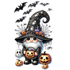 Adorable Halloween gnome dressed as a witch with a pointed hat adorned with pumpkins and flowers, holding a basket of jack-o'-lanterns. Surrounding bats, spiders, and cobwebs complete the spooky theme