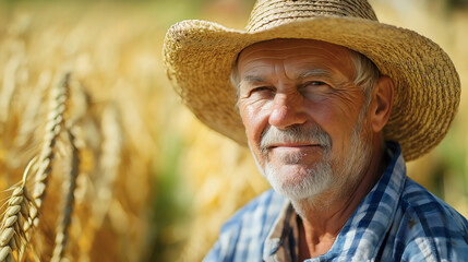 Fototapeta premium Portrait of a happy senior farmer standing in a cultivated field, farmland. An elderly man with straw hat, rural lifestyle of agricultural work, harvesting organic produce in the countryside