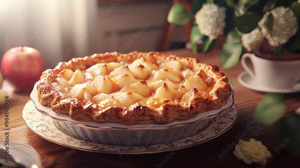 Poster Delicious pear pie in a white pie dish on a decorative plate with a cup of tea in the background.