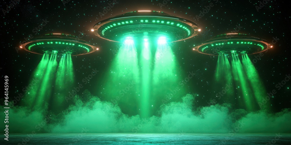 Wall mural 3d ufo, vector three set of alien space ships with green light beam, smoke and sparkles. saucers wit