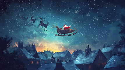An artistic Christmas card illustration with Santa flying across a starry night sky in his sleigh, reindeer leading the way, and snow gently falling on rooftops below. 