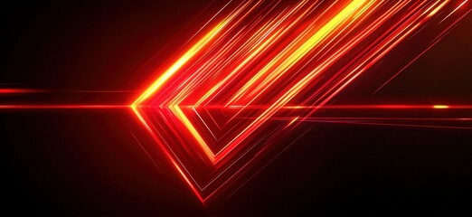 Obraz premium Abstract red neon light arrow speed background. Futuristic glow tech gamer graphic for banner. Fast move cyber casino design with yellow led beam. 3d triangle perspective dynamic digital party bg 