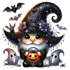 Adorable Halloween gnome dressed as a witch with a pointed hat adorned with pumpkins and flowers, holding a basket of jack-o'-lanterns. Surrounding bats, spiders, and cobwebs complete the spooky theme