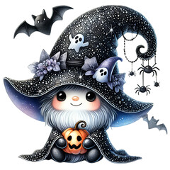 Adorable Halloween gnome dressed as a witch with a pointed hat adorned with pumpkins and flowers, holding a basket of jack-o'-lanterns. Surrounding bats, spiders, and cobwebs complete the spooky theme