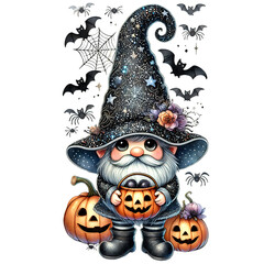 Adorable Halloween gnome dressed as a witch with a pointed hat adorned with pumpkins and flowers, holding a basket of jack-o'-lanterns. Surrounding bats, spiders, and cobwebs complete the spooky theme