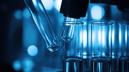 Pipette adding fluid scientists developing a new cancer treatment using Biotech with transparent screens displaying molecular data microscope displaying 3D model of a virus