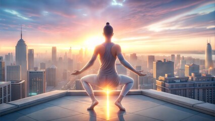 Fototapeta premium Woman meditating on rooftop at sunrise, urban yoga and mindfulness