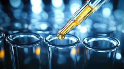 Pipette adding fluid scientists developing a new cancer treatment using Biotech with transparent screens displaying molecular data microscope displaying 3D model of a virus