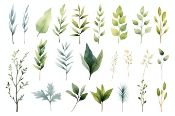 Collection of watercolor greenery branch leaves twigs floral plant forest herbs isolated on white background. Botanical spring summer leaf illustration for wedding invitation card, frame and wreath 