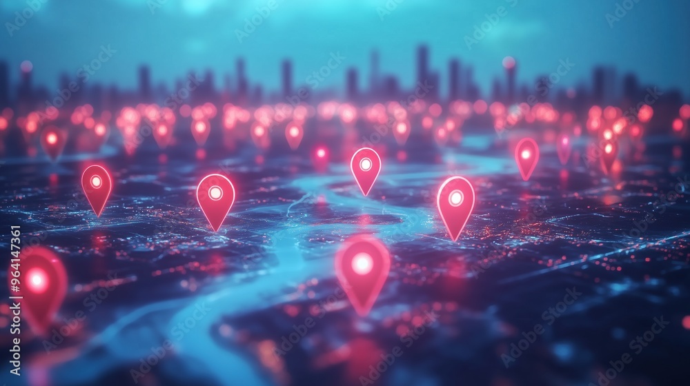 Aufkleber 3d rendering of a modern cityscape with glowing red and blue location pins on a map background, symb