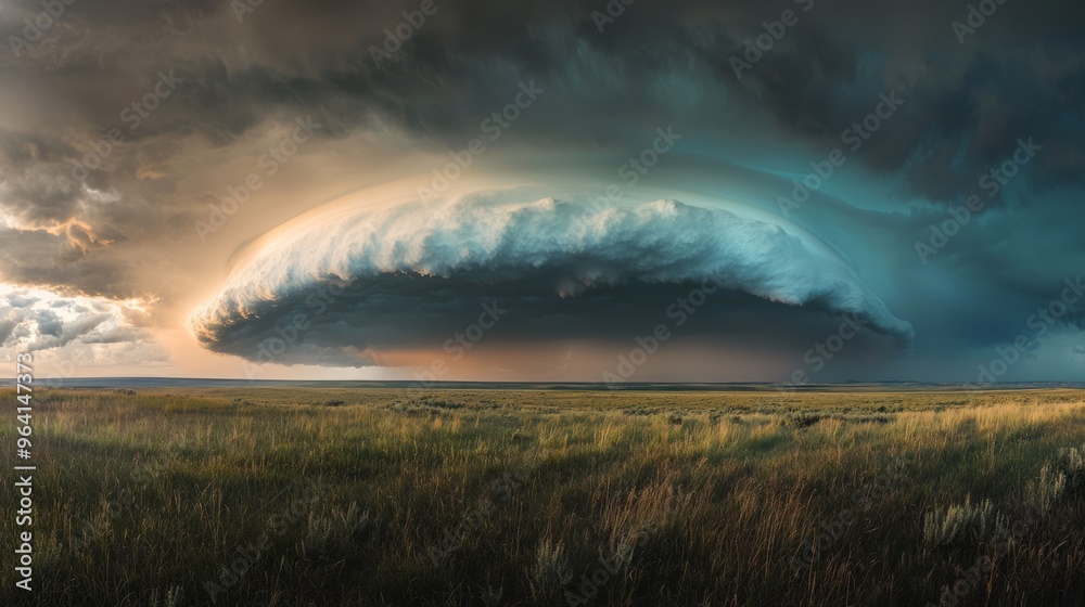 Canvas Prints Dramatic storm clouds with lightning over a grassy field.