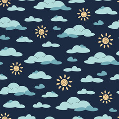 Seamless pattern with cute clouds and sun in flat style. Children's background with sky elements. Cartoon texture for fabric, wallpaper, clothes.