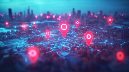 3D rendering of a modern cityscape with glowing red and blue location pins on a map background, symbolizing global network connectivity, technological advancement, and data sharing. This vibrant scene