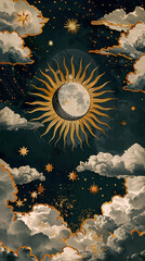 A stunningly beautiful, detailed abstract collage of celestial sun and moon, stars and clouds in the style of renaissance artwork against a blue sky background with gold accents.