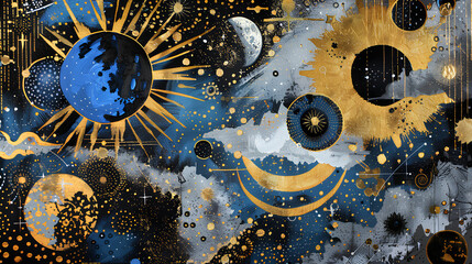 A stunningly beautiful, detailed abstract collage of celestial sun and moon, stars and clouds in the style of renaissance artwork against a blue sky background with gold accents.